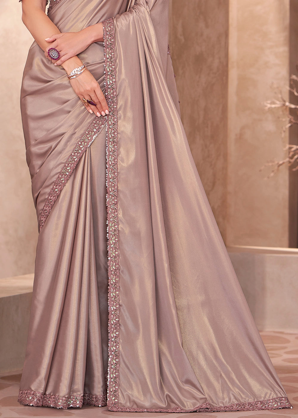 Pale Purple Shimmer Silk Crepe Saree with Embroidered Designer Blouse