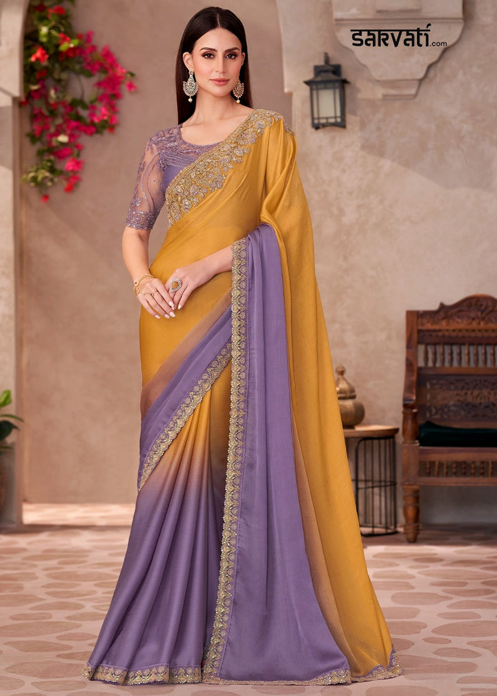 Yellow–Purple Ombre Chiffon Saree with Intricately Embroidered Blouse