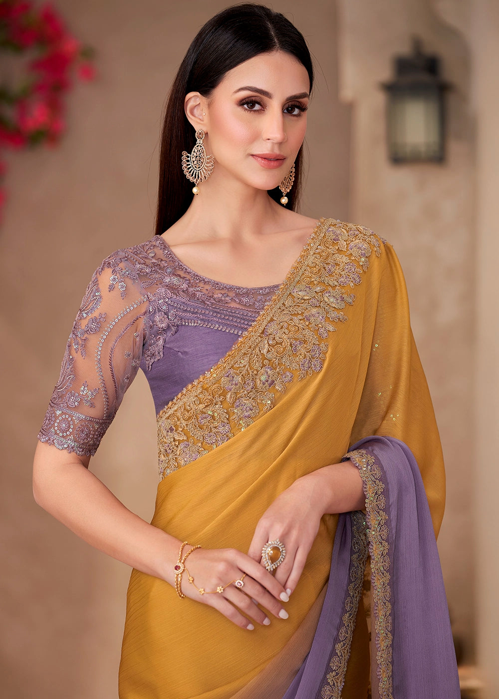 Yellow–Purple Ombre Chiffon Saree with Intricately Embroidered Blouse