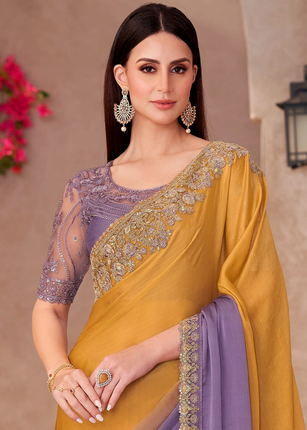 Yellow–Purple Ombre Chiffon Saree with Intricately Embroidered Blouse