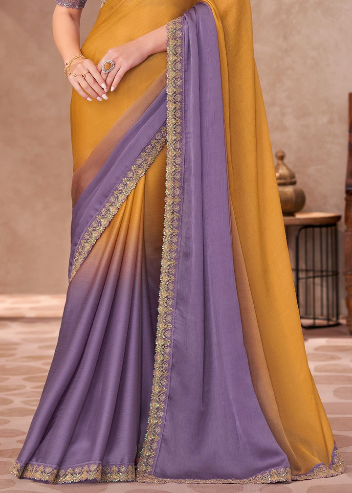 Yellow–Purple Ombre Chiffon Saree with Intricately Embroidered Blouse