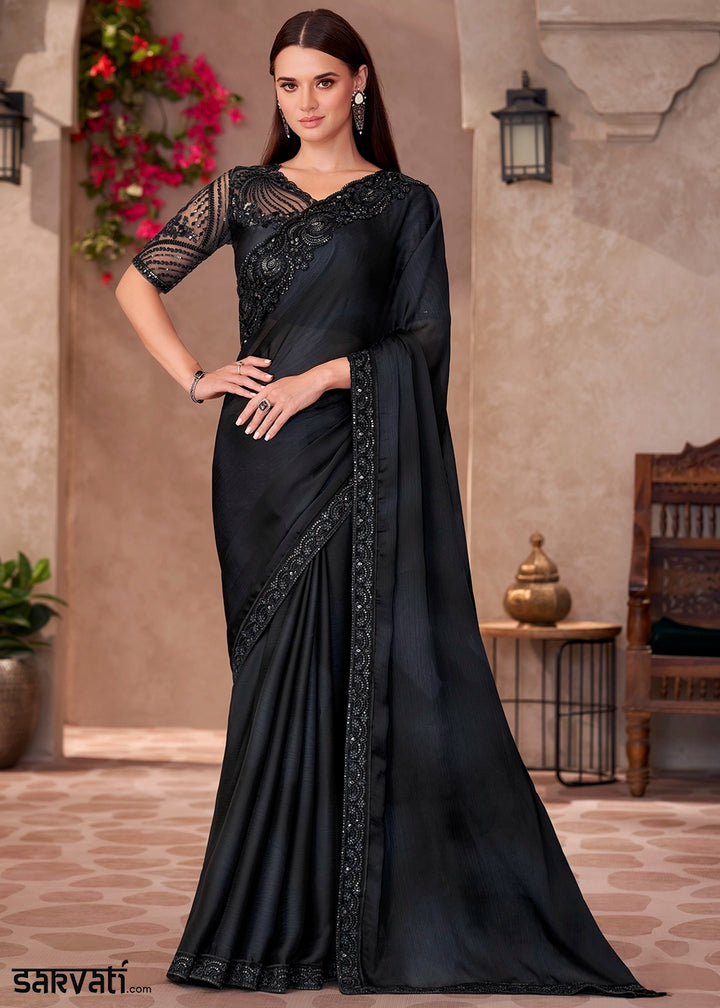 Raven Black Ombre Chiffon Saree with Intricately Embroidered Blouse