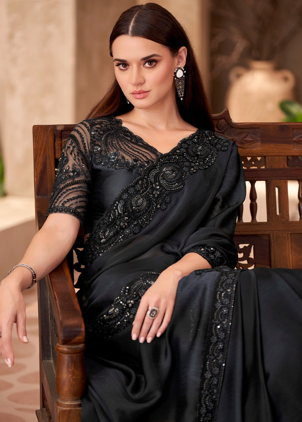 Raven Black Ombre Chiffon Saree with Intricately Embroidered Blouse
