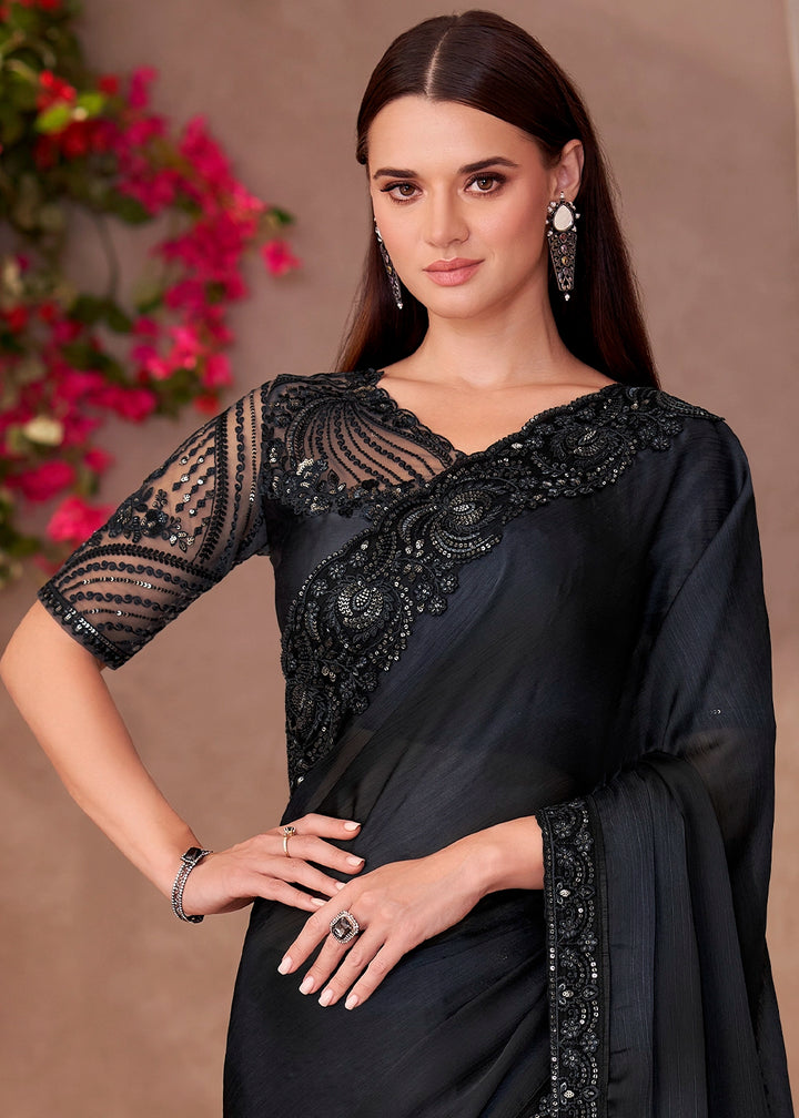 Raven Black Ombre Chiffon Saree with Intricately Embroidered Blouse