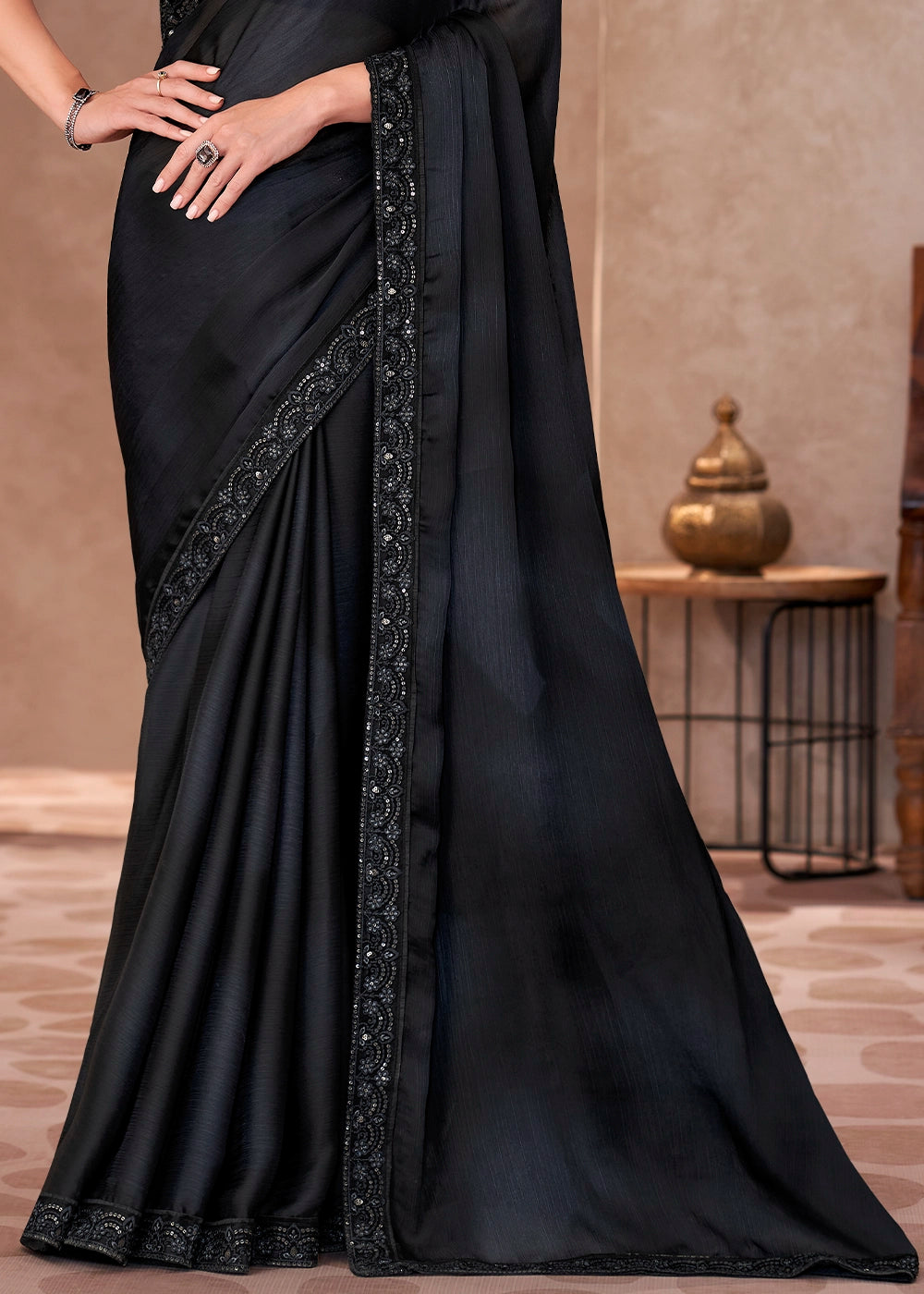 Raven Black Ombre Chiffon Saree with Intricately Embroidered Blouse