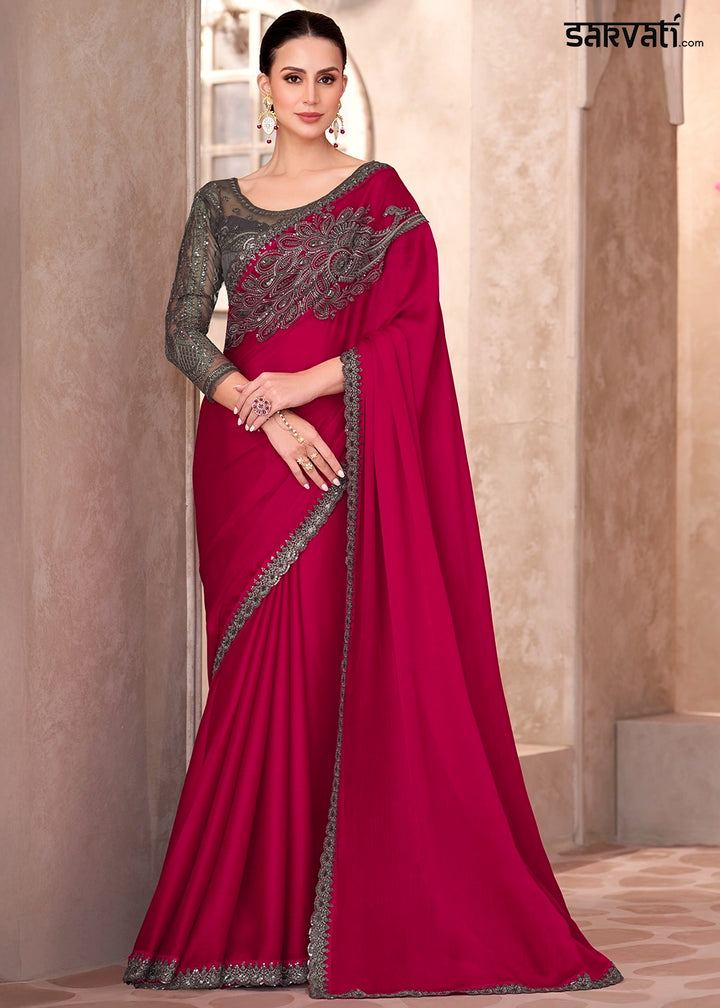 Cherry Pink Designer Saree in Chiffon with Blouse Detailing