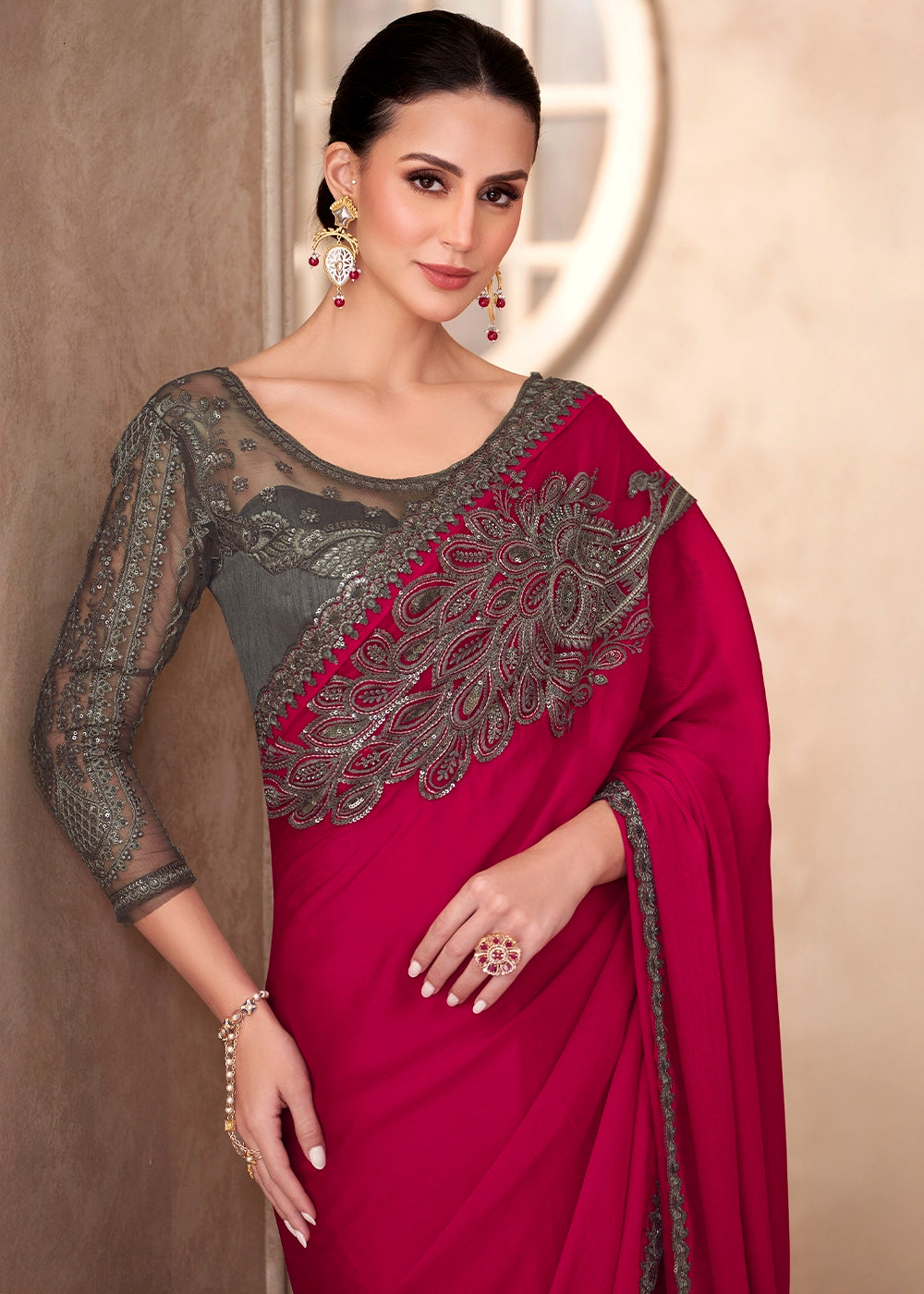 Cherry Pink Designer Saree in Chiffon with Blouse Detailing