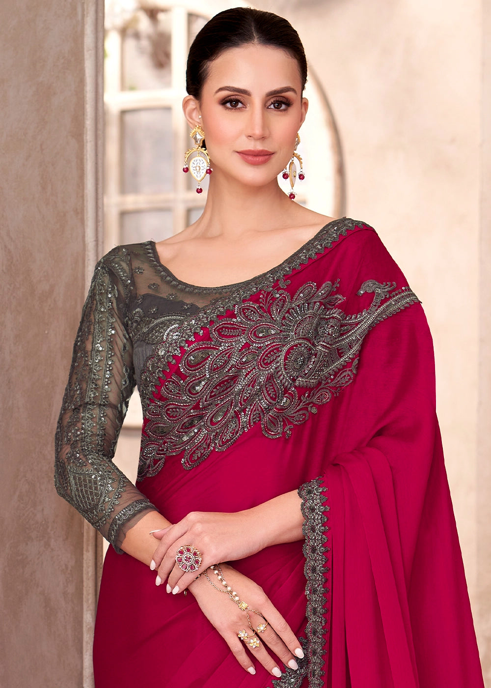 Cherry Pink Designer Saree in Chiffon with Blouse Detailing