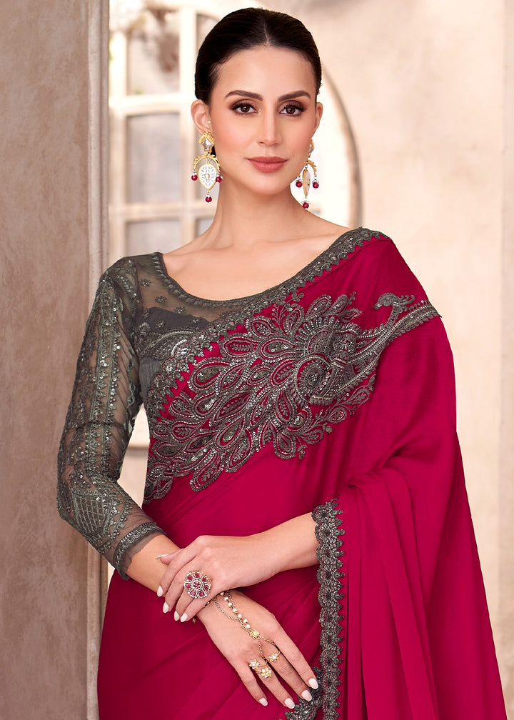 Cherry Pink Designer Saree in Chiffon with Blouse Detailing