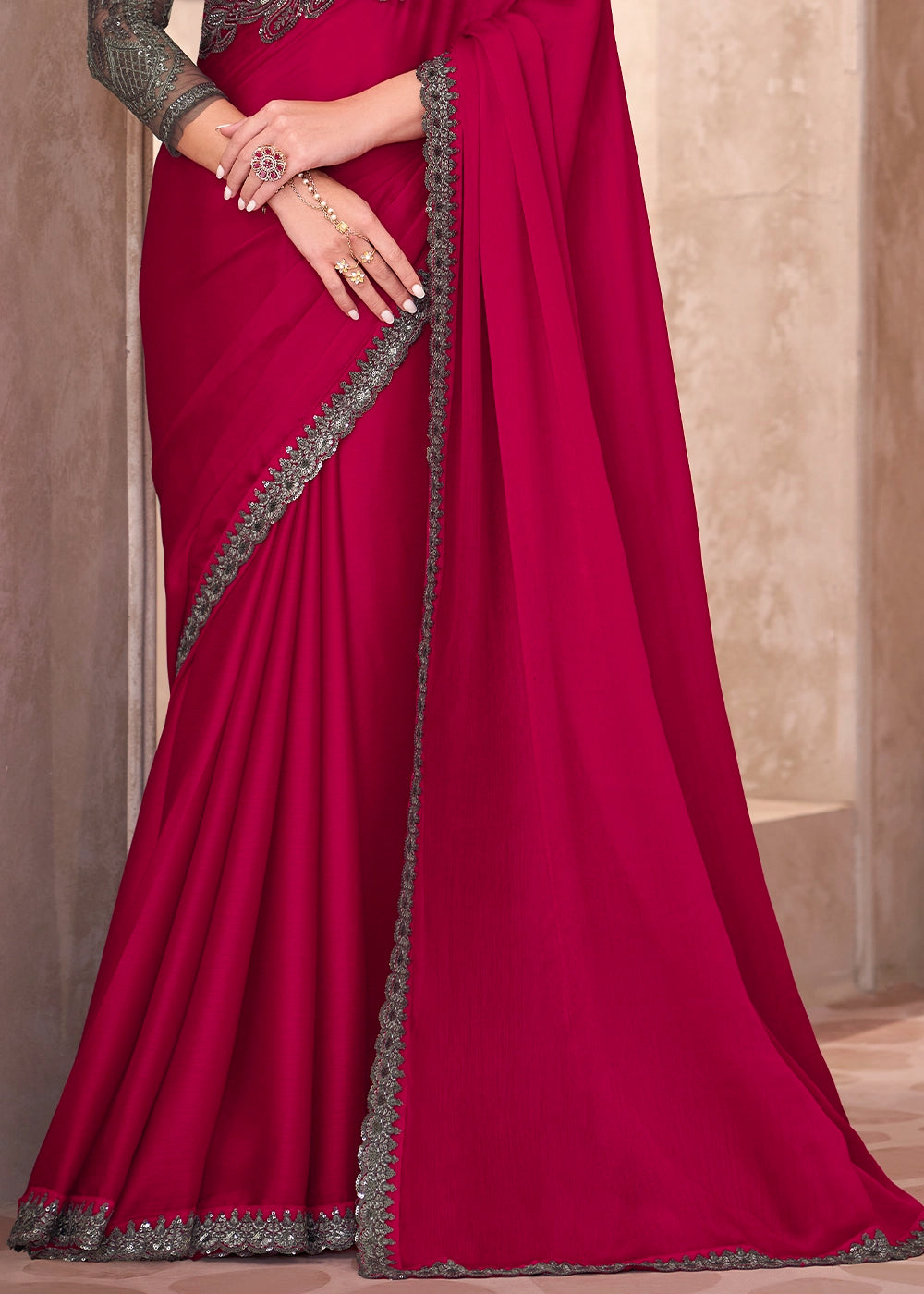 Cherry Pink Designer Saree in Chiffon with Blouse Detailing