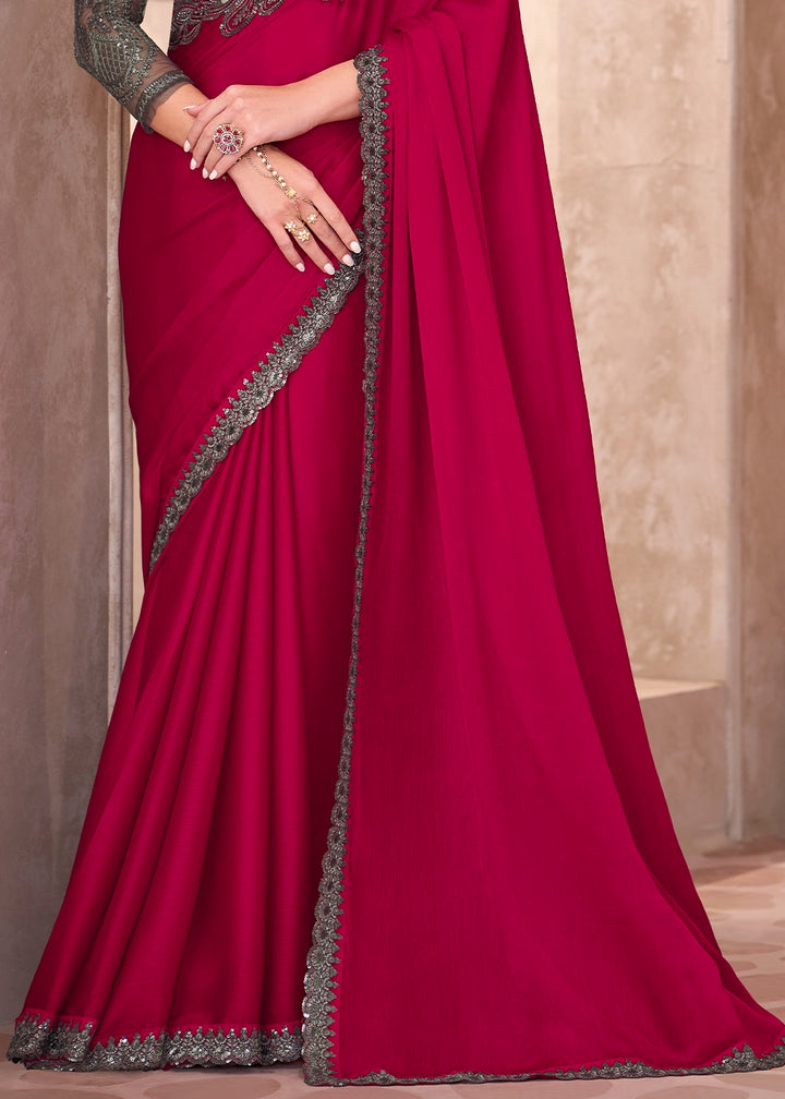 Cherry Pink Designer Saree in Chiffon with Blouse Detailing