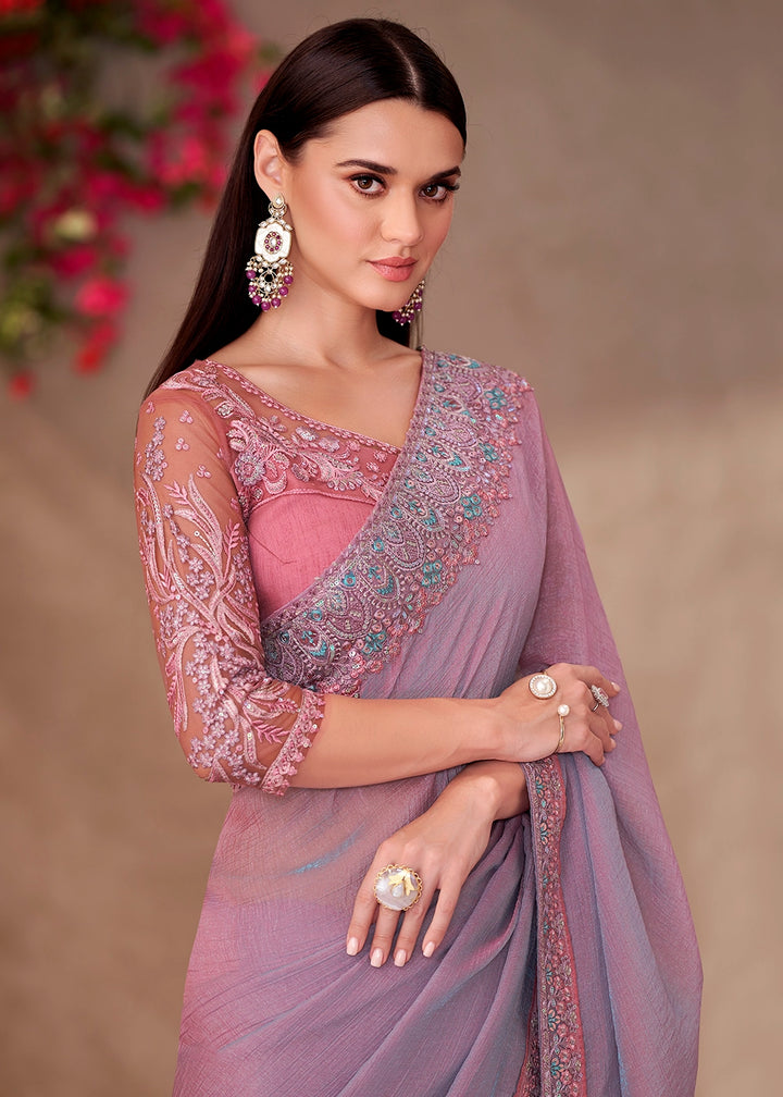 Shining Purple Shaded Saree in Georgette with Embroidered Blouse