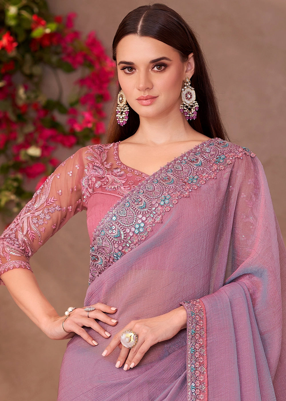 Shining Purple Shaded Saree in Georgette with Embroidered Blouse