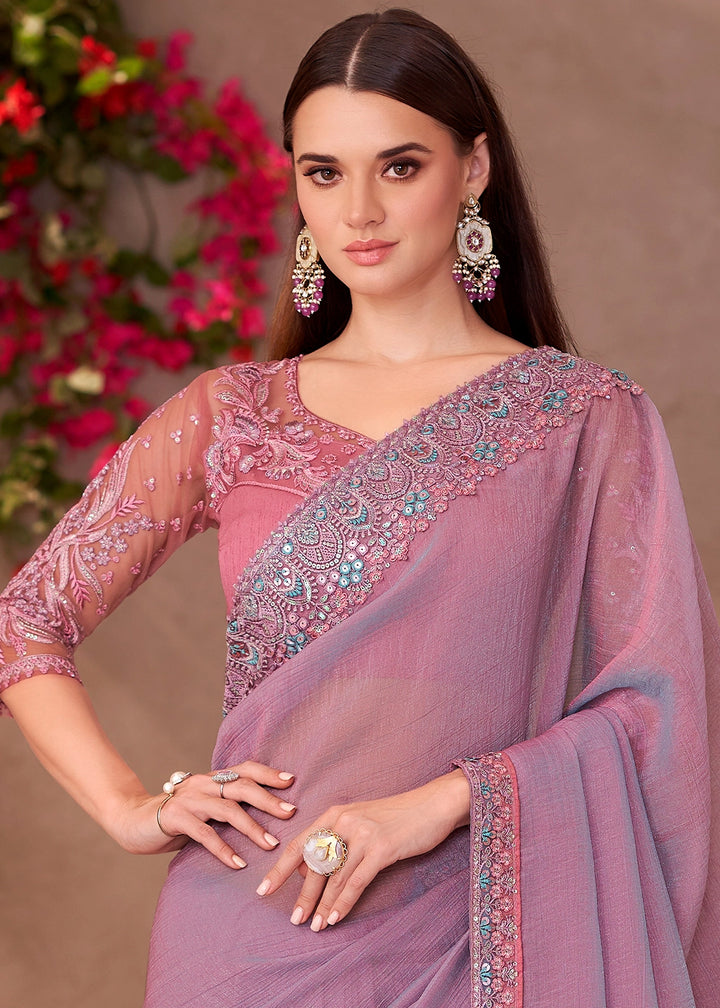 Shining Purple Shaded Saree in Georgette with Embroidered Blouse