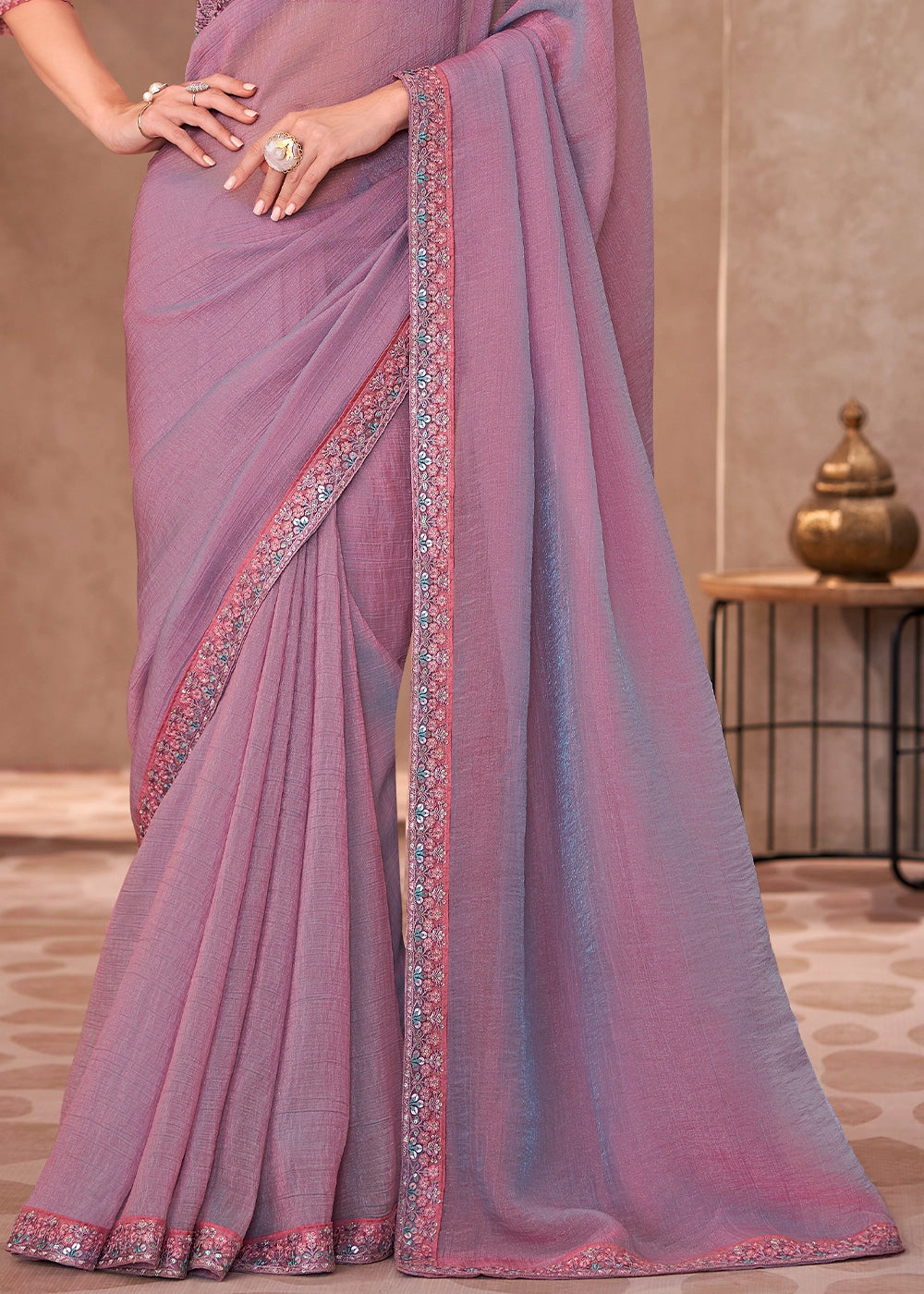 Shining Purple Shaded Saree in Georgette with Embroidered Blouse
