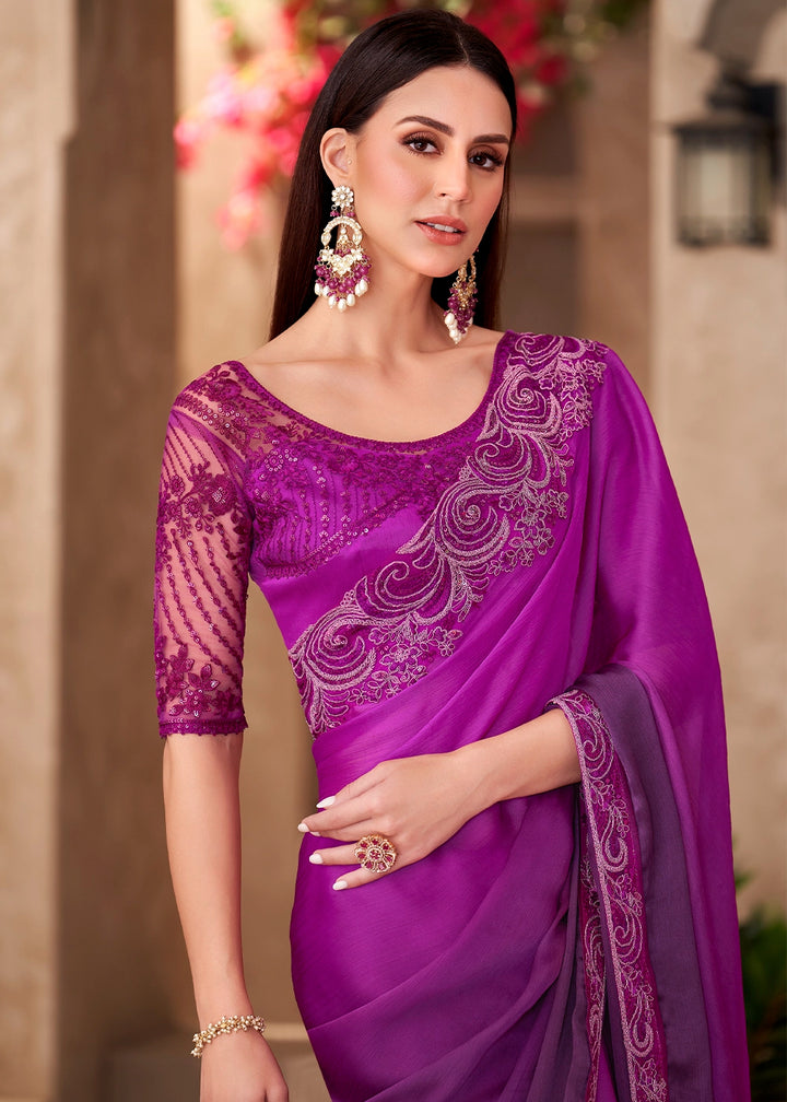 Purple Shaded Chiffon Saree with Embroidery Work Blouse