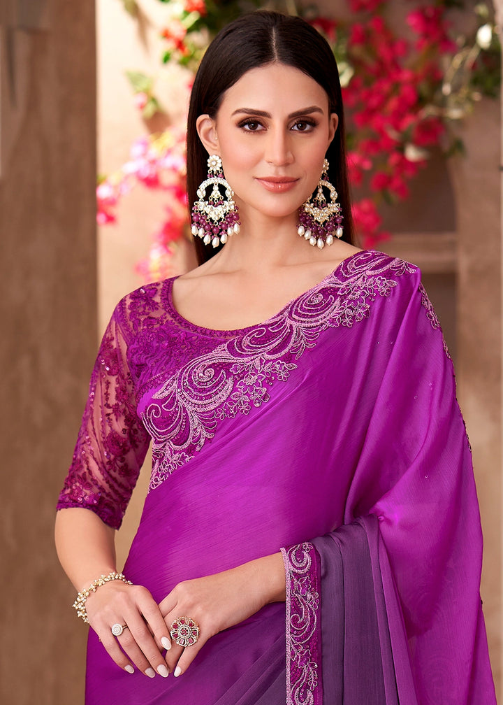 Purple Shaded Chiffon Saree with Embroidery Work Blouse
