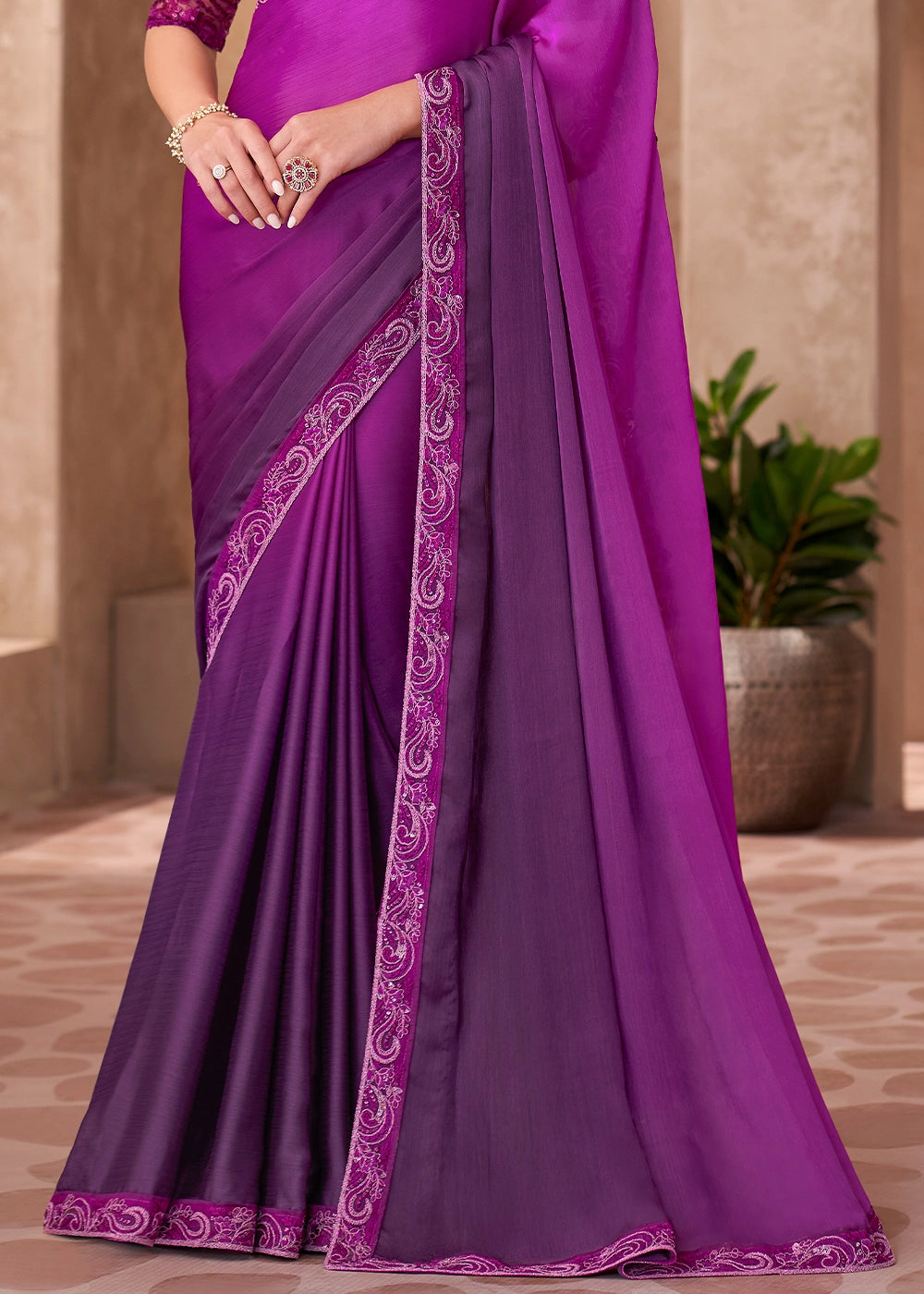 Purple Shaded Chiffon Saree with Embroidery Work Blouse