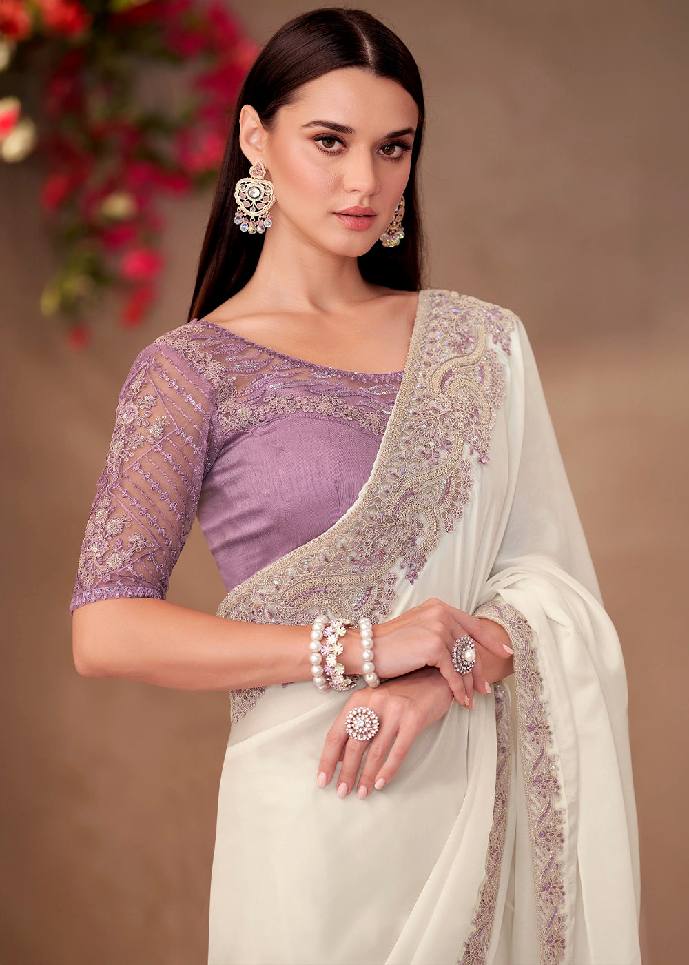 Pearl White Shining Georgette Saree with Hand Embroidered Blouse