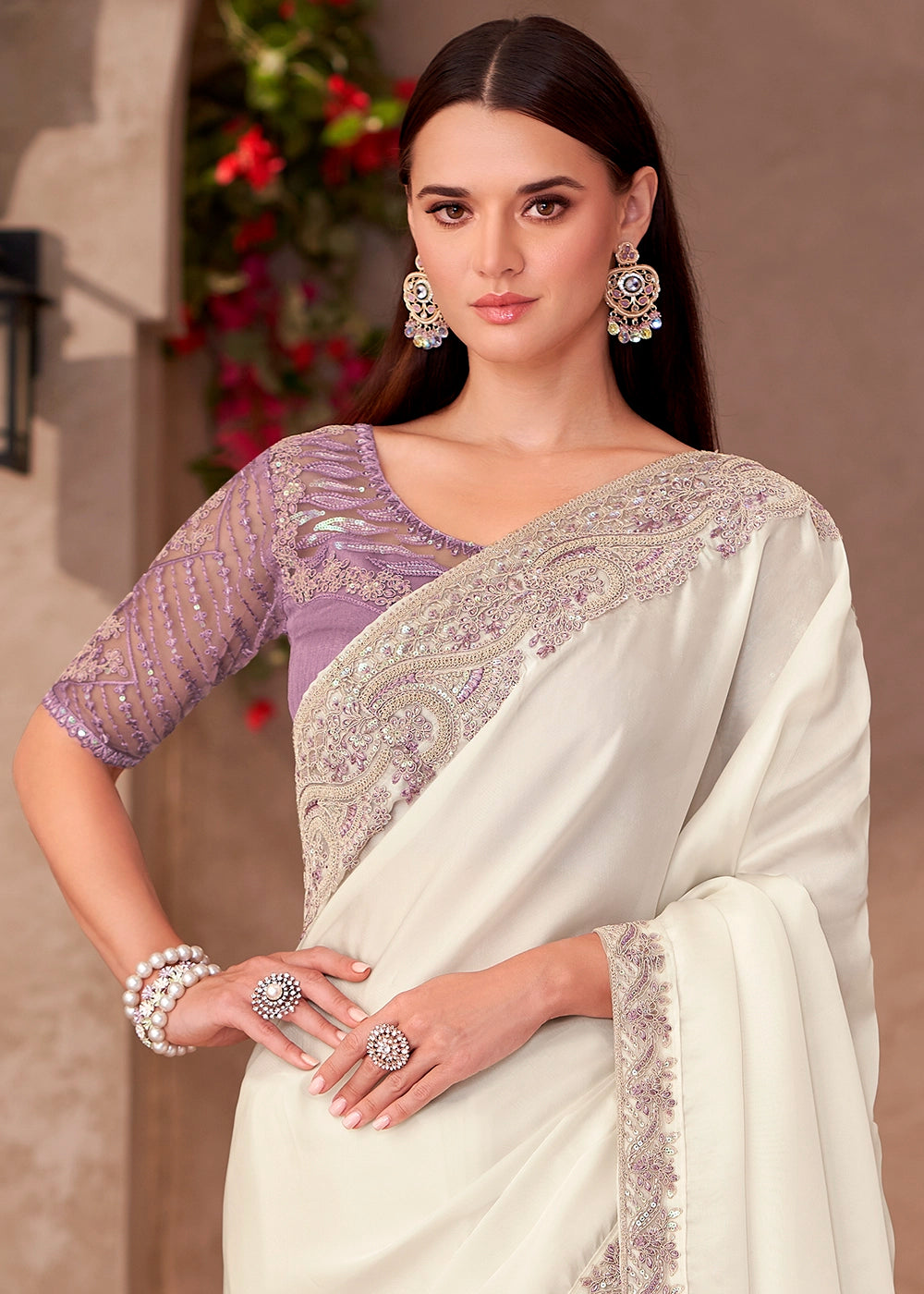 Pearl White Shining Georgette Saree with Hand Embroidered Blouse