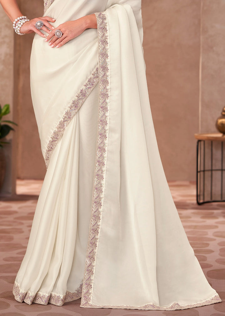Pearl White Shining Georgette Saree with Hand Embroidered Blouse