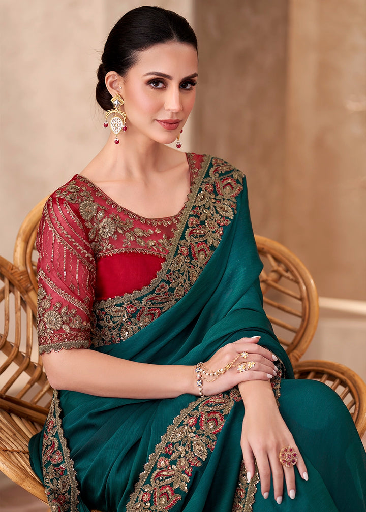 Arabian Green Shaded Chiffon Saree with Hand Embroidered Blouse