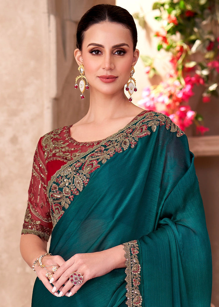 Arabian Green Shaded Chiffon Saree with Hand Embroidered Blouse