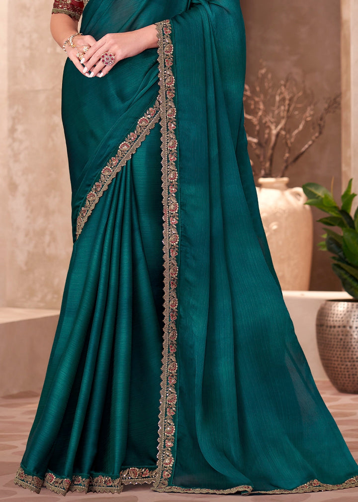 Arabian Green Shaded Chiffon Saree with Hand Embroidered Blouse