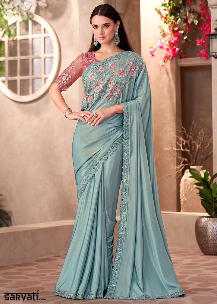 Columbia Blue Shimmer Silk Crepe Saree with Embroidered Designer Blouse