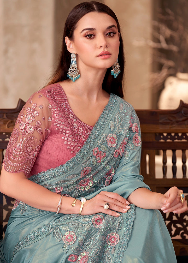 Columbia Blue Shimmer Silk Crepe Saree with Embroidered Designer Blouse