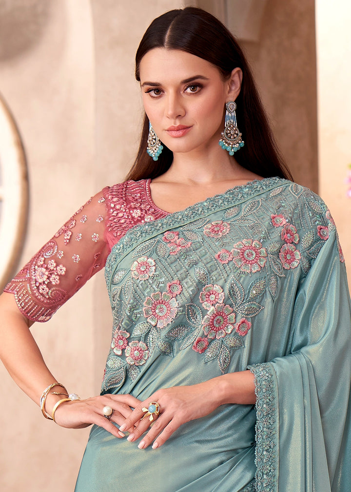 Columbia Blue Shimmer Silk Crepe Saree with Embroidered Designer Blouse
