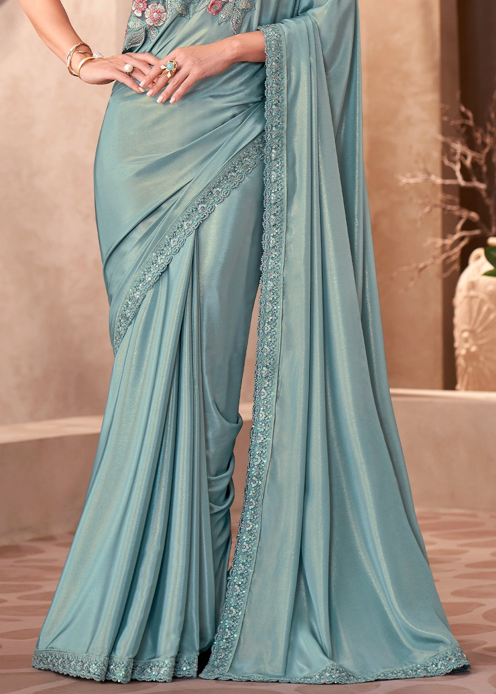 Columbia Blue Shimmer Silk Crepe Saree with Embroidered Designer Blouse