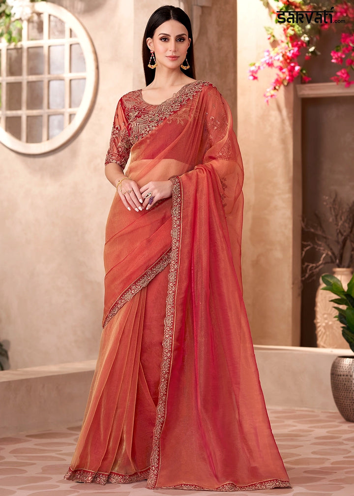 Coral Red Golden Sparkle Saree in Tissue with Blouse Embroidery