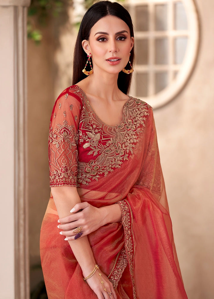 Coral Red Golden Sparkle Saree in Tissue with Blouse Embroidery