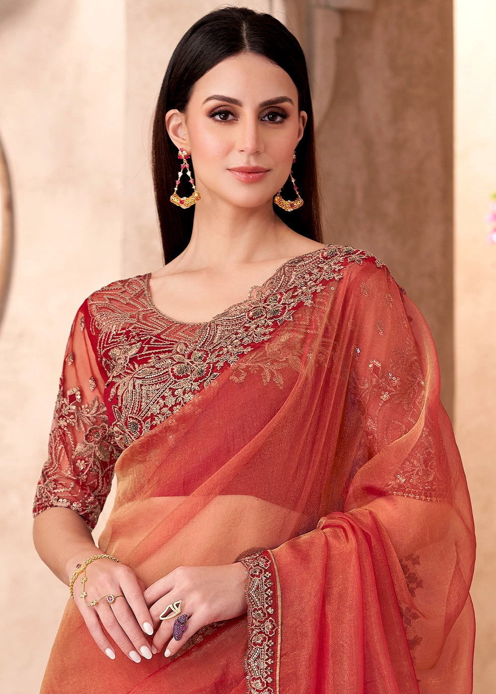 Coral Red Golden Sparkle Saree in Tissue with Blouse Embroidery