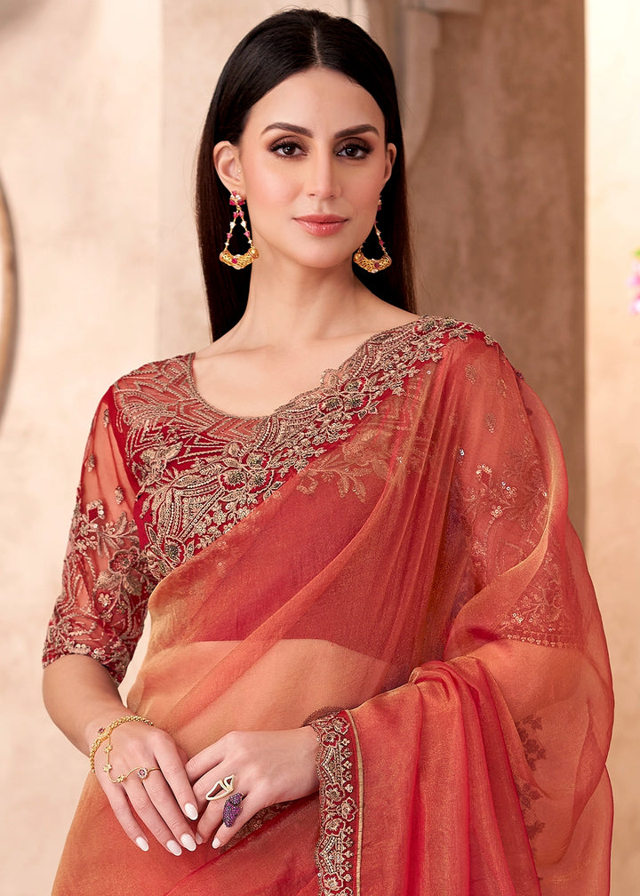 Coral Red Golden Sparkle Saree in Tissue with Blouse Embroidery
