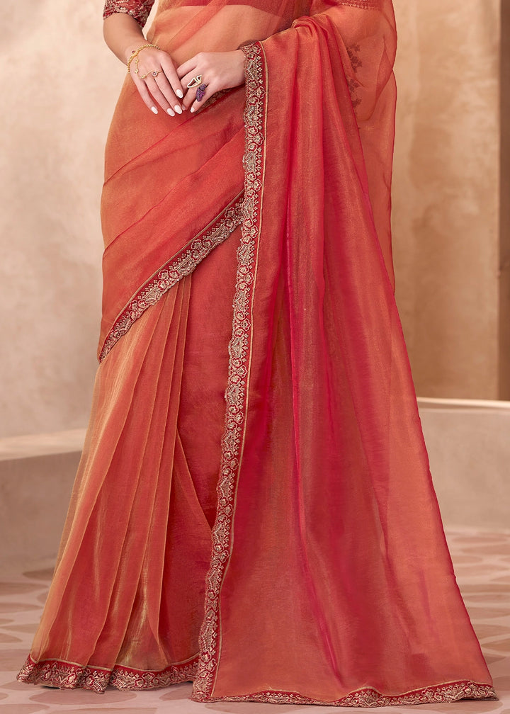 Coral Red Golden Sparkle Saree in Tissue with Blouse Embroidery