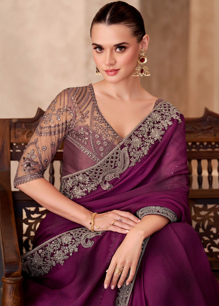 Lollipop Purple Ombre Chiffon Satin Saree with Embroidered Blouse
