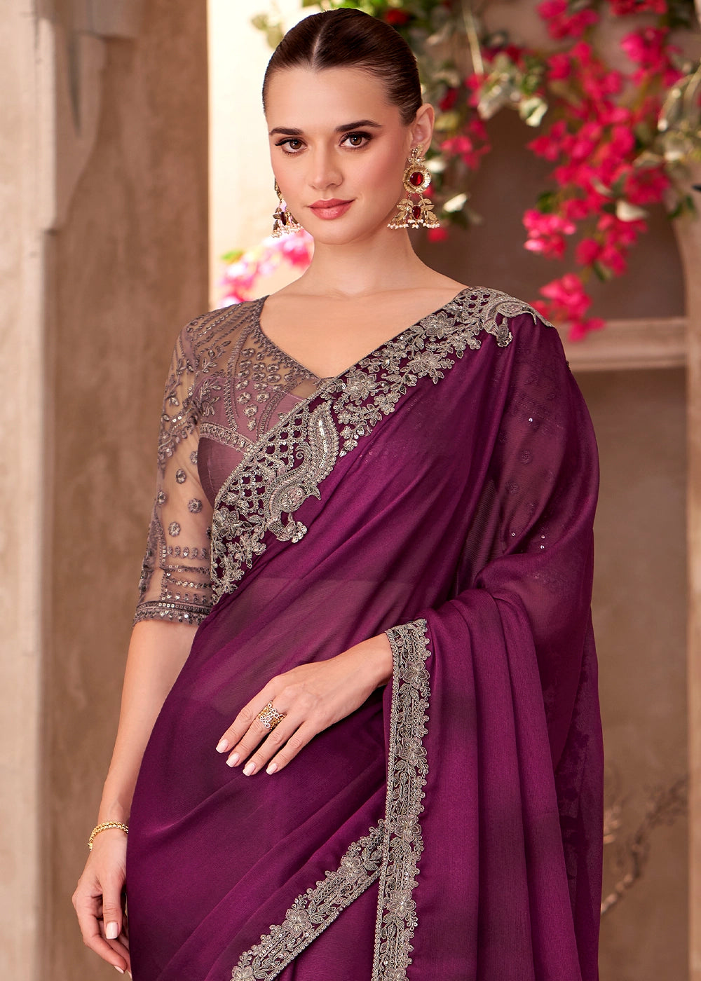 Lollipop Purple Ombre Chiffon Satin Saree with Embroidered Blouse