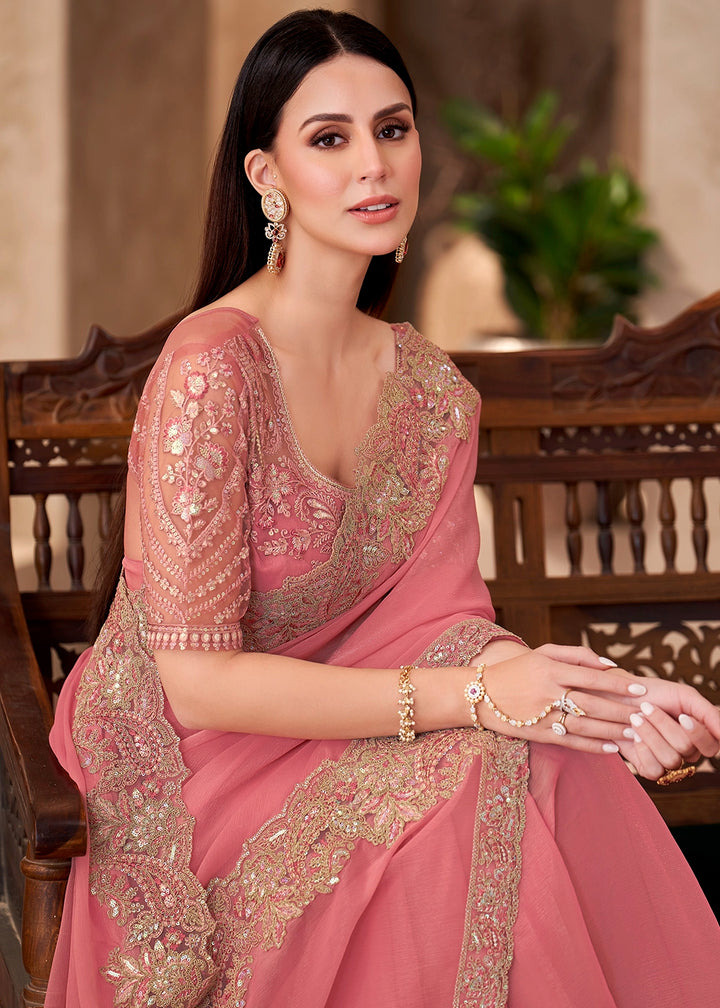 Peach Pink Saree in Georgette with Embroidered Blouse