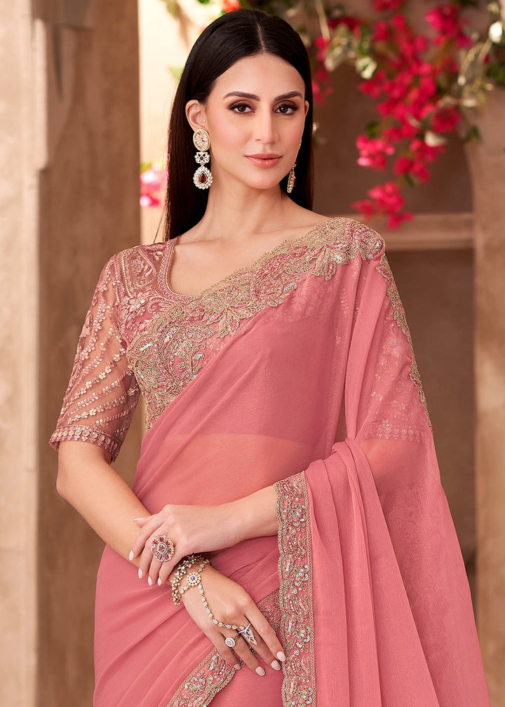 Peach Pink Saree in Georgette with Embroidered Blouse