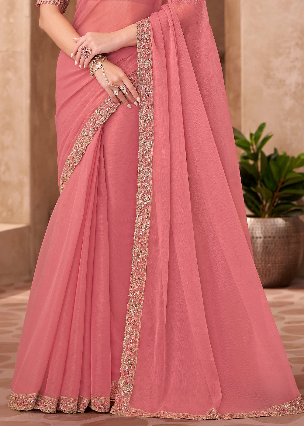Peach Pink Saree in Georgette with Embroidered Blouse