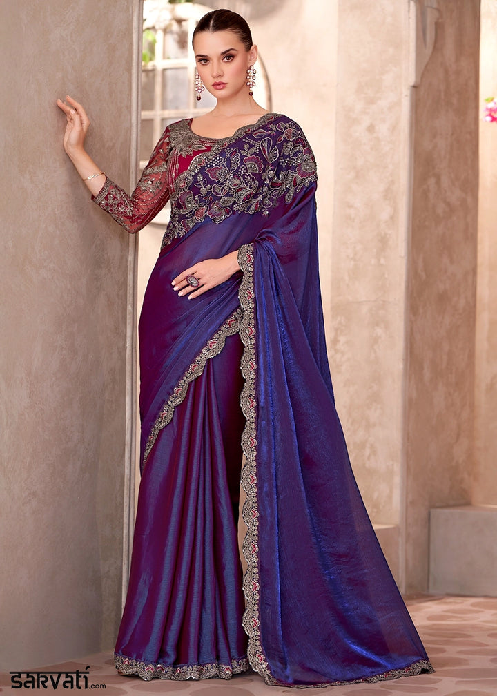 Electric Purple Saree in Satin Georgette with Embroidered Blouse