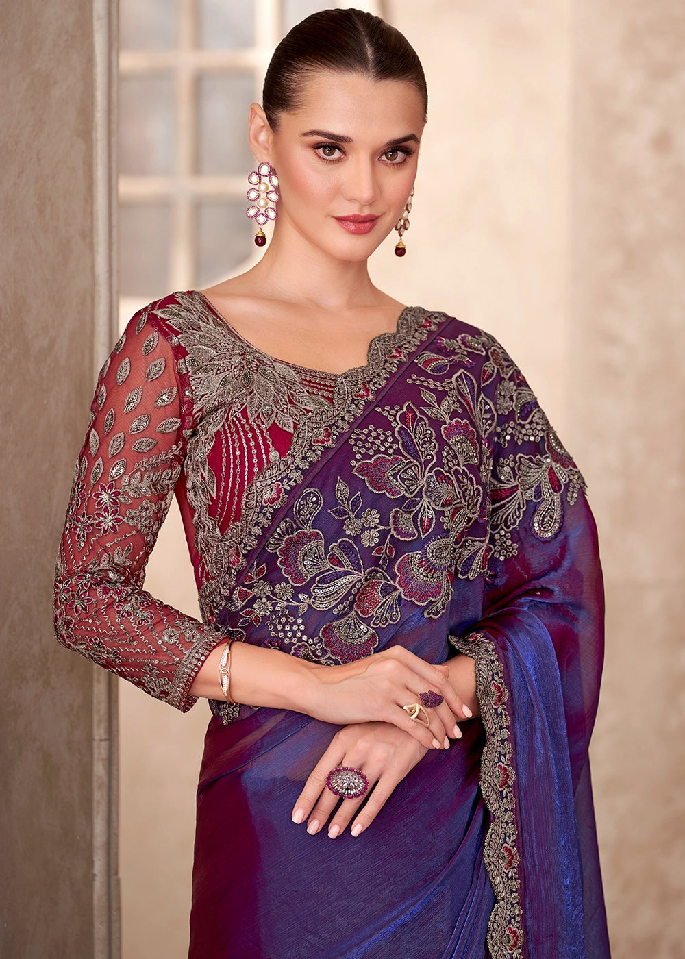 Electric Purple Saree in Satin Georgette with Embroidered Blouse