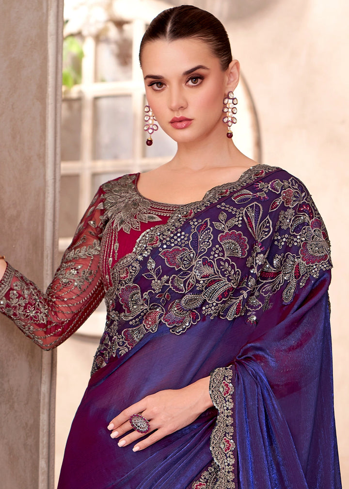 Electric Purple Saree in Satin Georgette with Embroidered Blouse