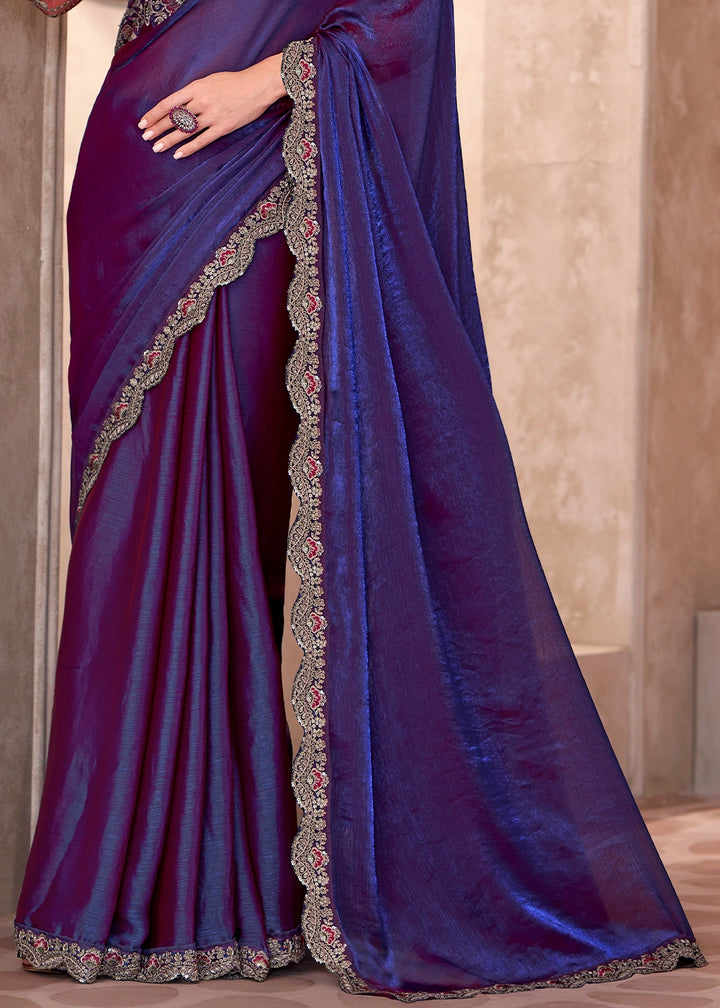 Electric Purple Saree in Satin Georgette with Embroidered Blouse