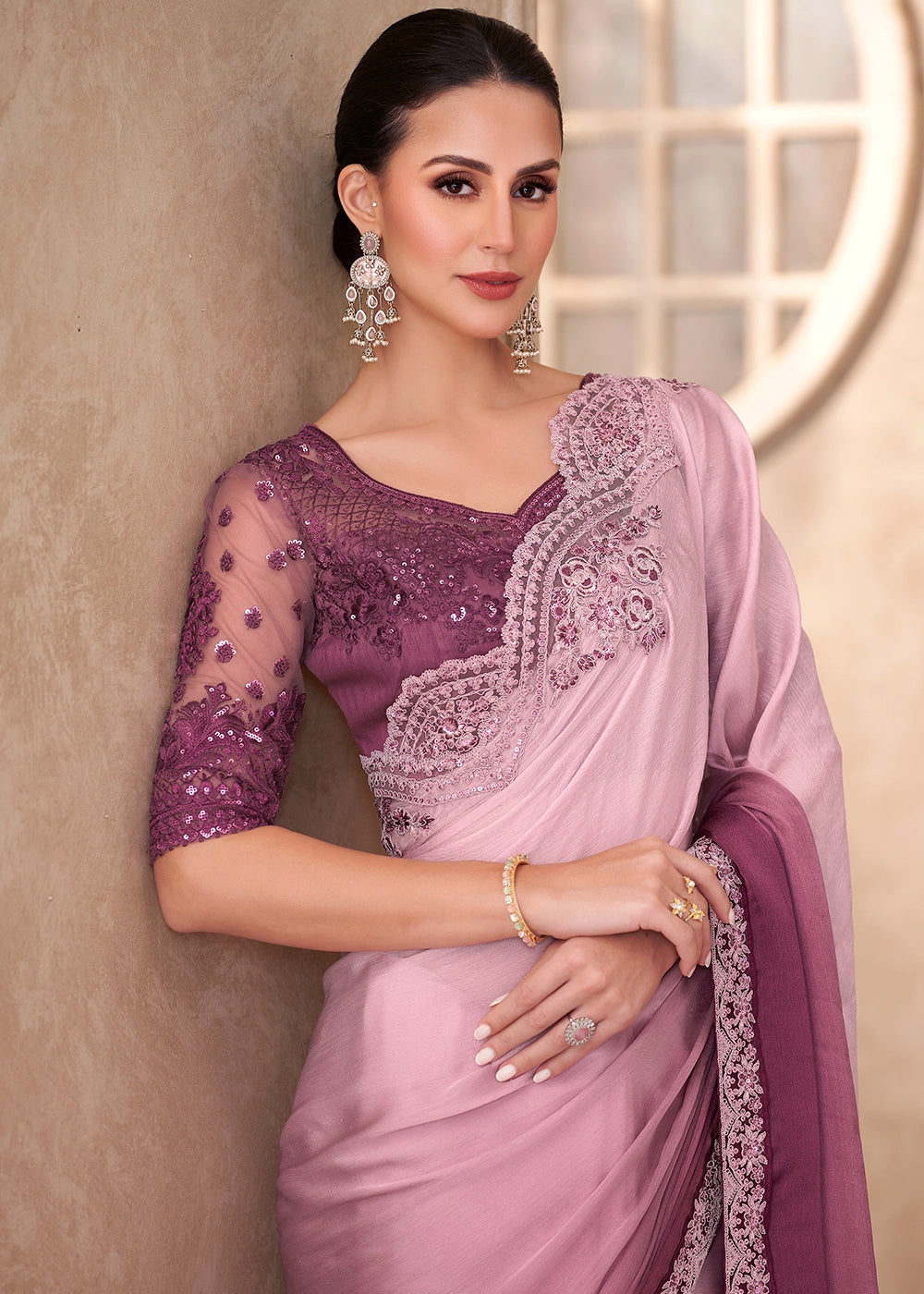 Shades Of Purple Saree in Chiffon with Embroidered Blouse