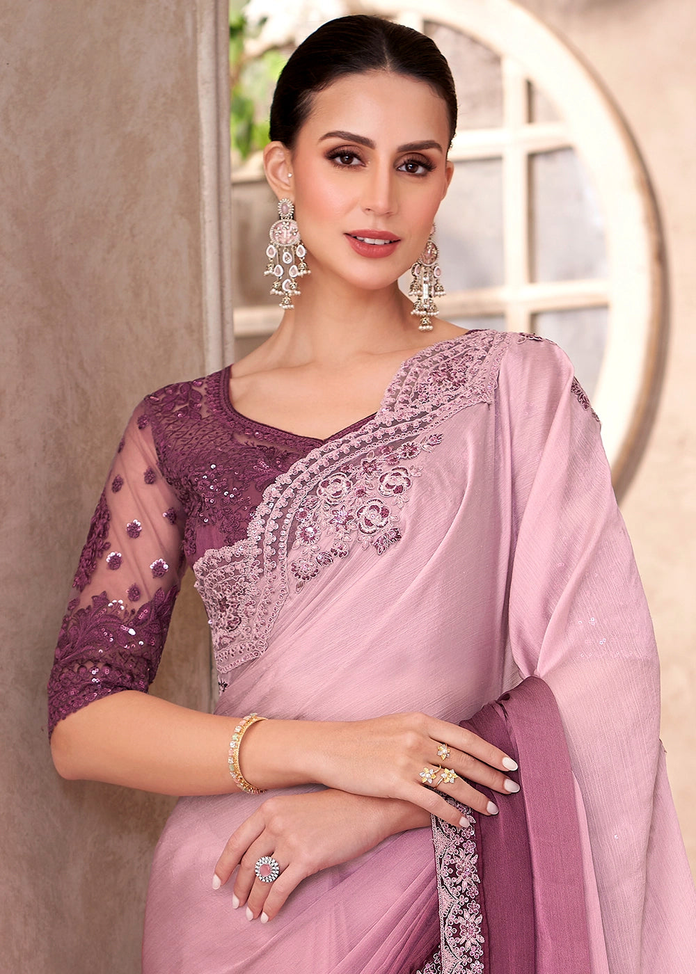 Shades Of Purple Saree in Chiffon with Embroidered Blouse