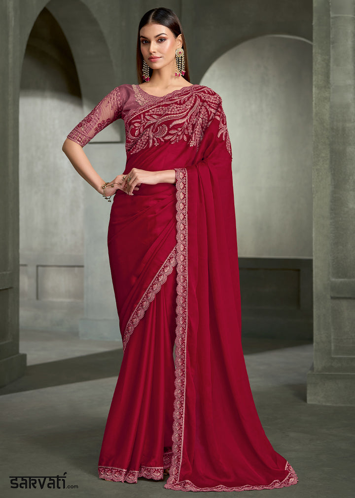 Cherry Red Silk Chiffon Saree with Sequin &amp; Threadwork Pallu with Designer Blouse