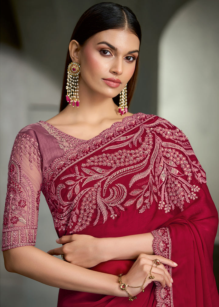 Cherry Red Silk Chiffon Saree with Sequin &amp; Threadwork Pallu with Designer Blouse
